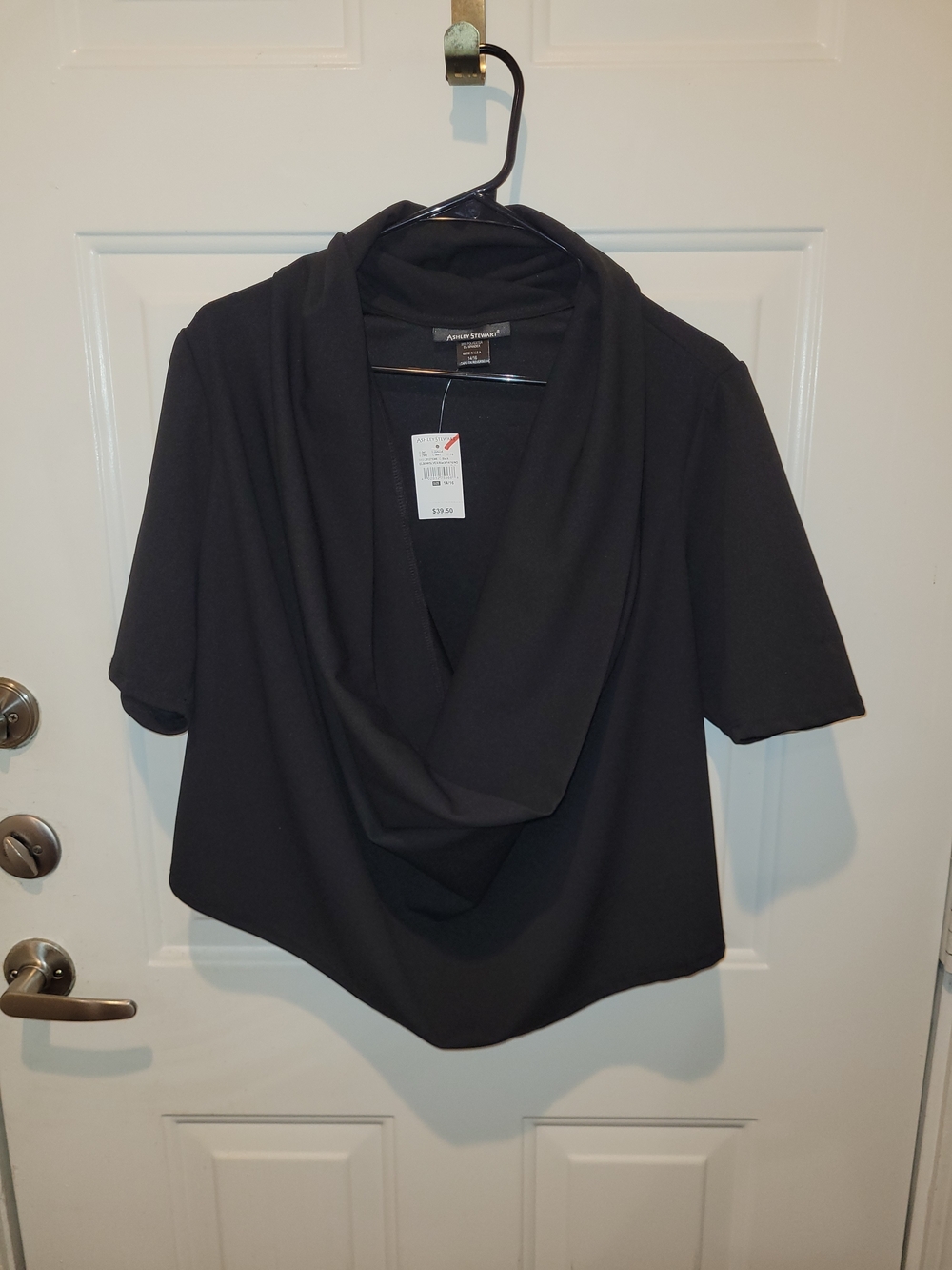 Ashley Stewart Black Draped Cowl Neck Tunic Top.